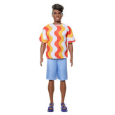 Barbie Fashionistas Ken Doll #220 with Behind-the-Ear Hearing Aids & Broad Body Wearing a Removable Orange Patterned Shirt, Shorts & Jelly Sandals